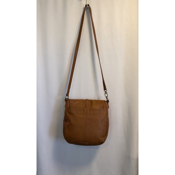Lucky Brand | Ali Cognac Pebble Leather Flap Crossbody Saddle Bag Tan Tassel - Picture 2 of 12